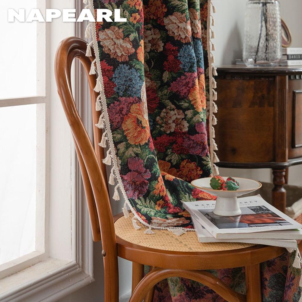 1 ks NAPEARL 40-70% Zatemňovací Retro Venkovský Styl Květinový Vzor Okraj s Třásněmi Závěsy pro Malé Okno Ložnice Obývací Pokoj Balkon Domácí Dekorace