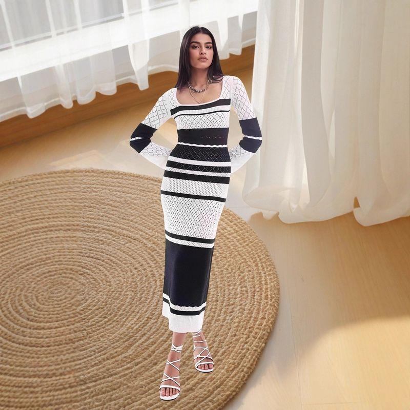 European and American New Fashion Casual Slim Fit Knitted Stripes Long Sleeve Dress Knitted Striped Dress