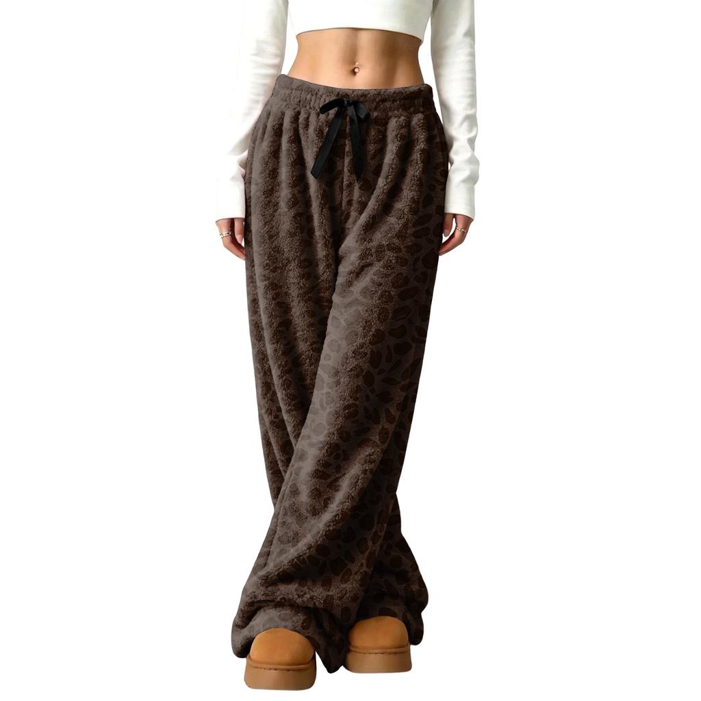 Women's Casual Leopard Print Lined Wide Leg Pants with Elastic Waist, Loose Fit