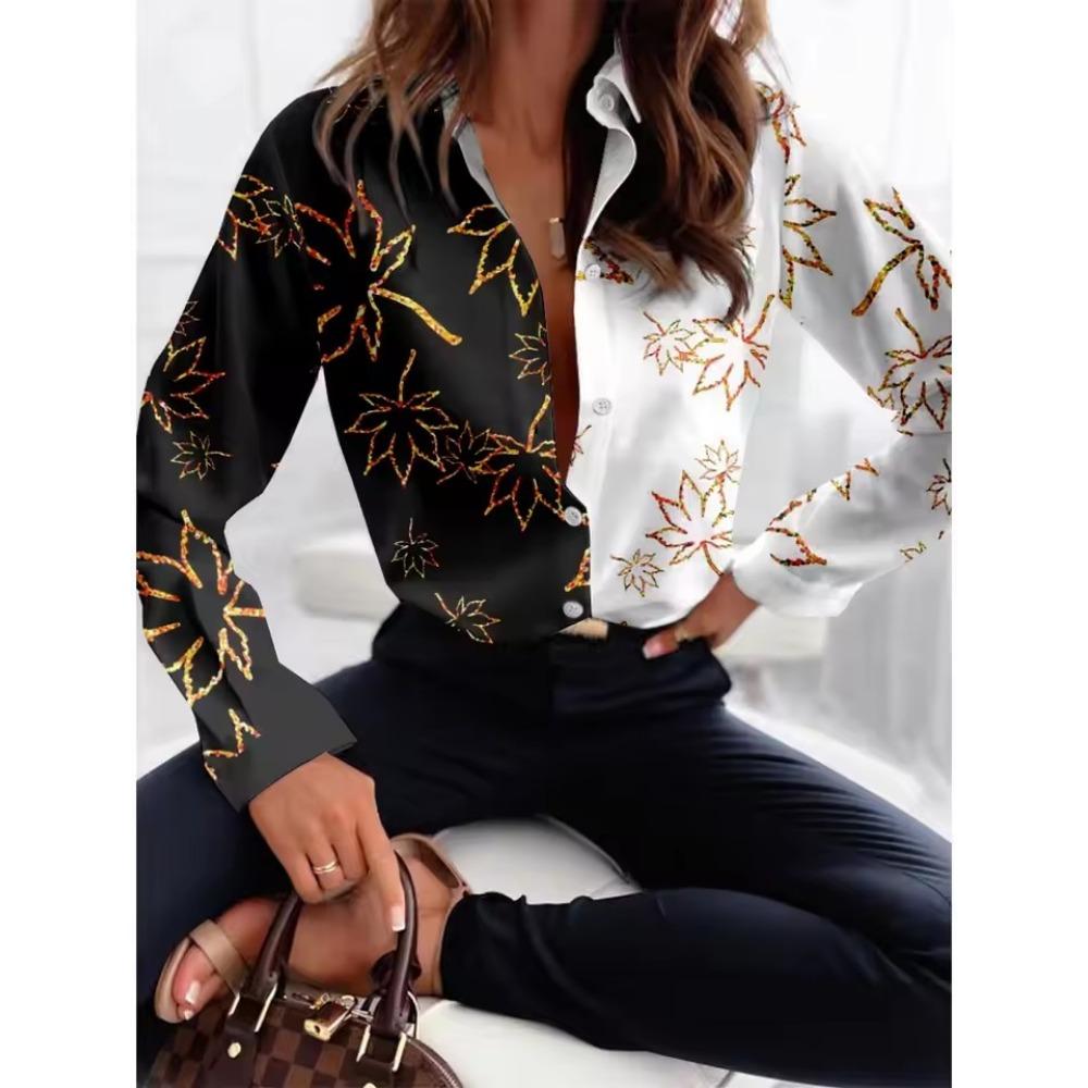 Women's  Fashion Geometric Buttons Blouse Lapel Neck Blouse Womens Long Sleeve Shirts Womens Clothing Female Clothing
