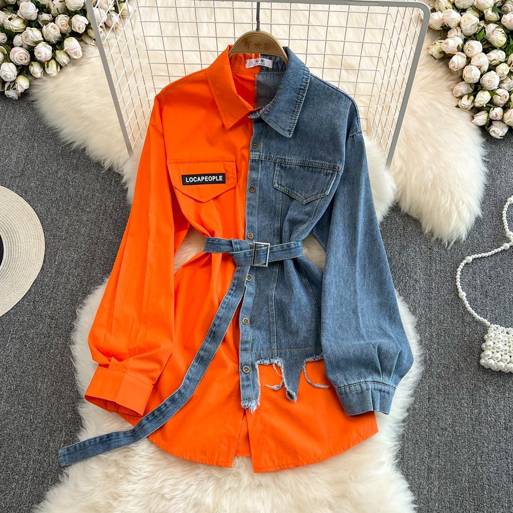 

Vintage Belt Color Matching Denim Shirt Women s Spring New Chic Casual Medium and Long Top One size помаранчевий