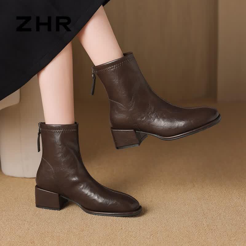 ZHR Women s Retro Pleated Square Toe Chunky Heel Ankle Boots 39
