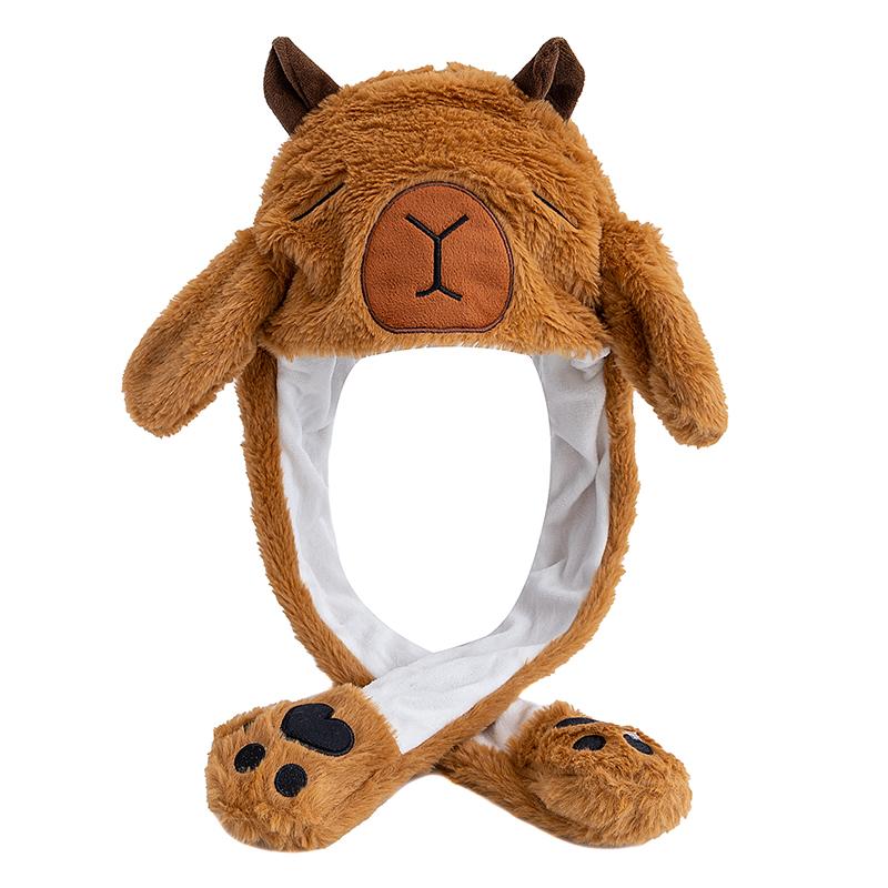 

Новый стиль Милая шапка-капибара для сна с двигающимися ушками Женская Девичья Милая Забавная Шапка Кроличьи Ушки Плюшевая Зимняя Милая Шапка 55cm-60cm кофейный