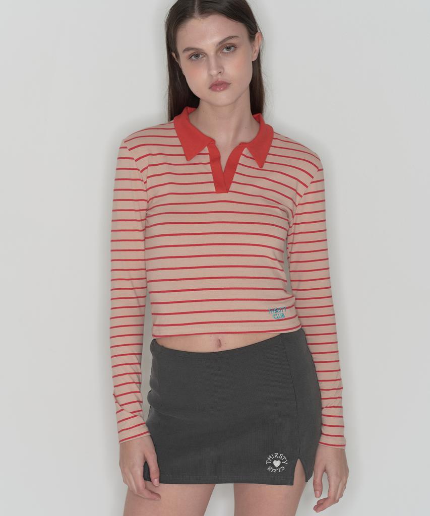 Tteolseutikeulleob Stripe Collar Long Sleeve - Beige