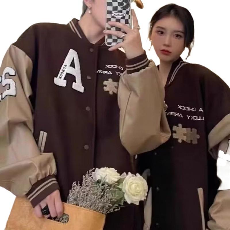 Men's Retro Autumn Baseball Jacket with Coffee Color, Letter & Towel Embroidery, Spliced Design for Couples.