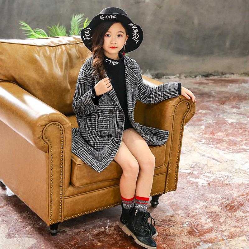 Autumn and Winter Children's Houndstooth Tartan Coat Medium and Large Girls Warm Thick Coat