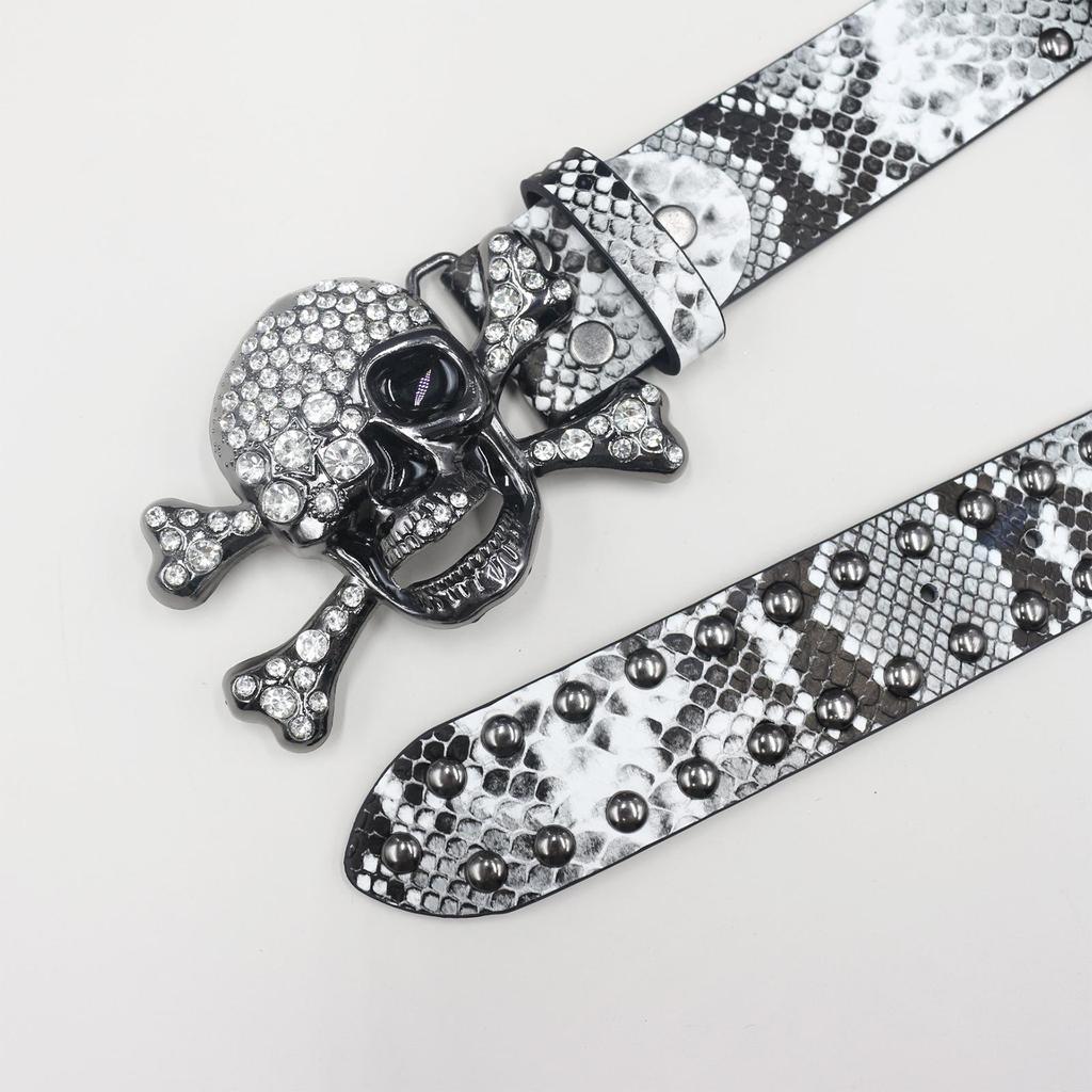 Y2K Rhinestone Skull & Snake Punk Belt - Unisex Leather with Rivet Decoration