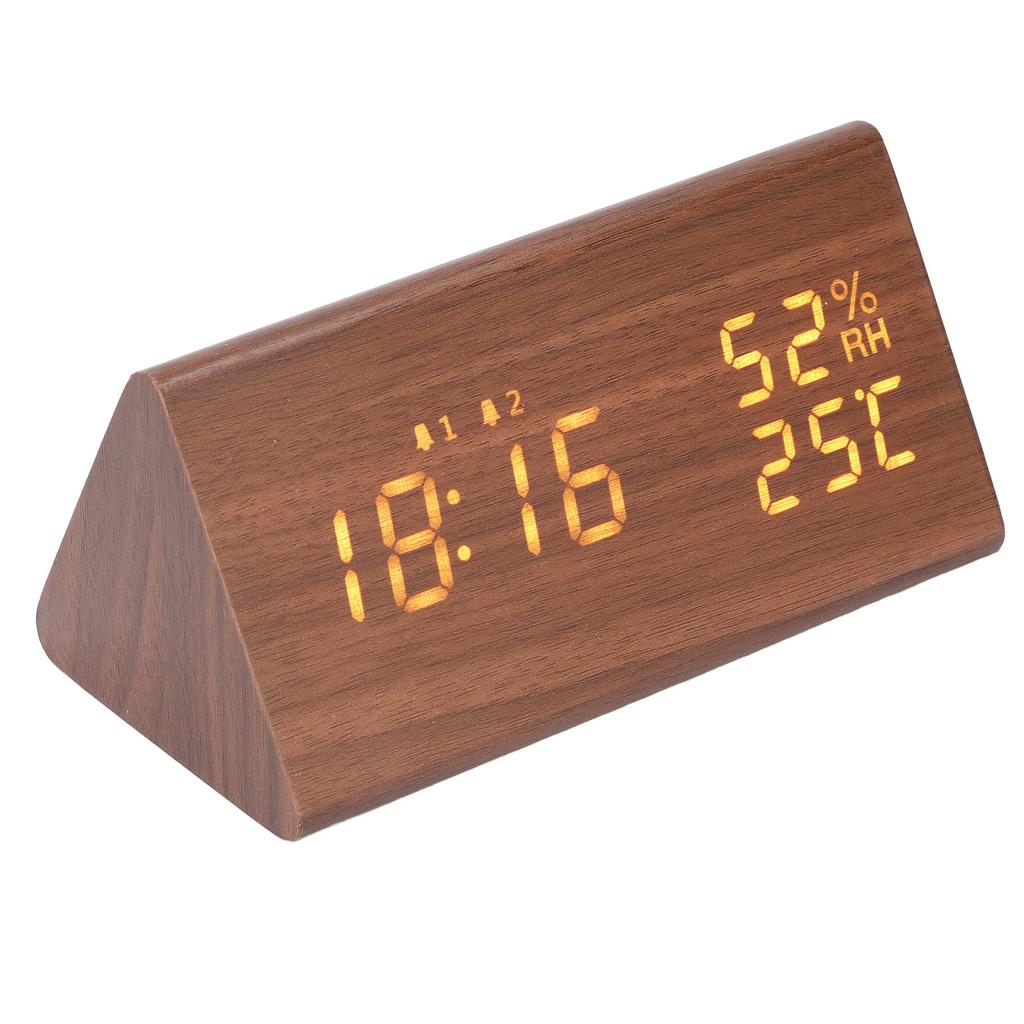 LED Digital Alarm Clock Multipurpose Wooden Clock with Voice Control Humidity Temperature Week Time Display Brown Wood