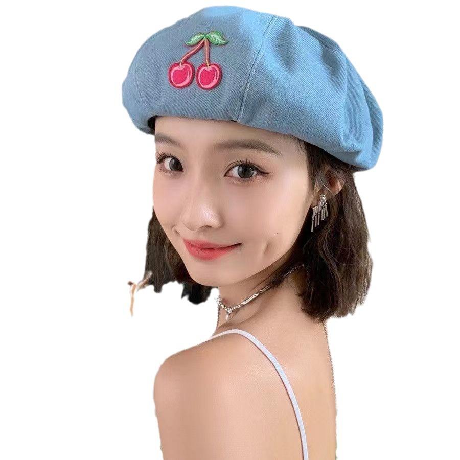 Sweet and Cute Cherry Denim Beret Women Travel In Spring, Summer and Autumn, Simple and Versatile, Showing Their Face, Small Internet Celebrity Hat F