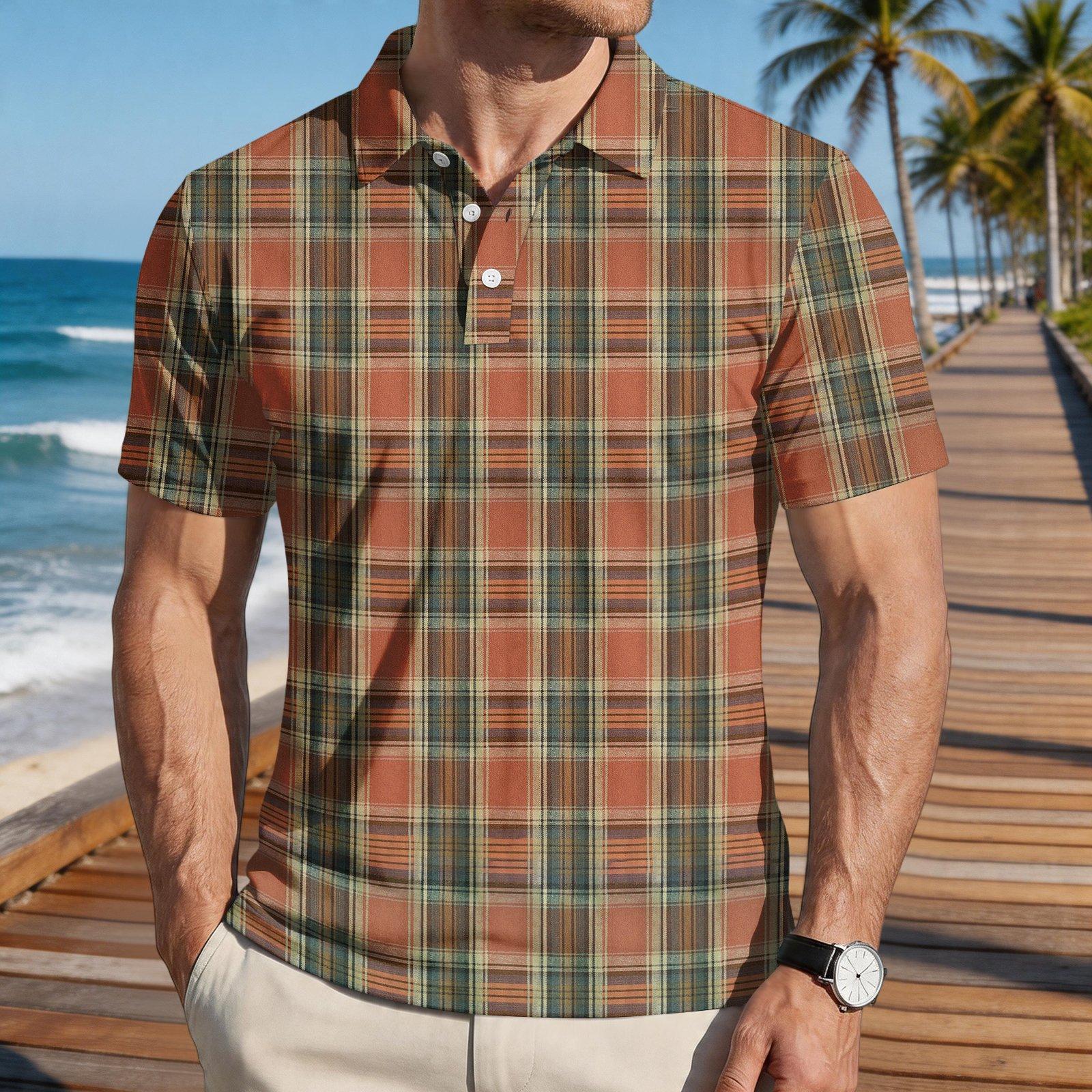 

Men’s Loose Fit Casual Short Sleeve Polo Shirt with Plaid Print and Classic Turn Down Collar for Everyday Wear S білий