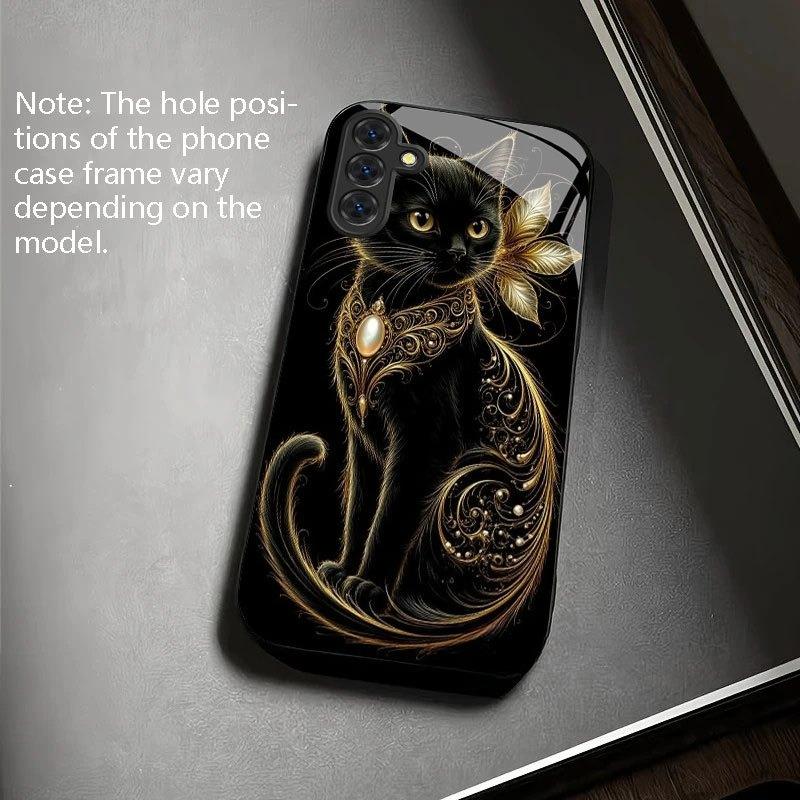 Black Gold Meow Rhyme Pattern Glass Phone Case Suitable for Samsung Galaxy S26 S25 S24 S22 S21 S20 FE/Ultra/Plus Anti Drop
