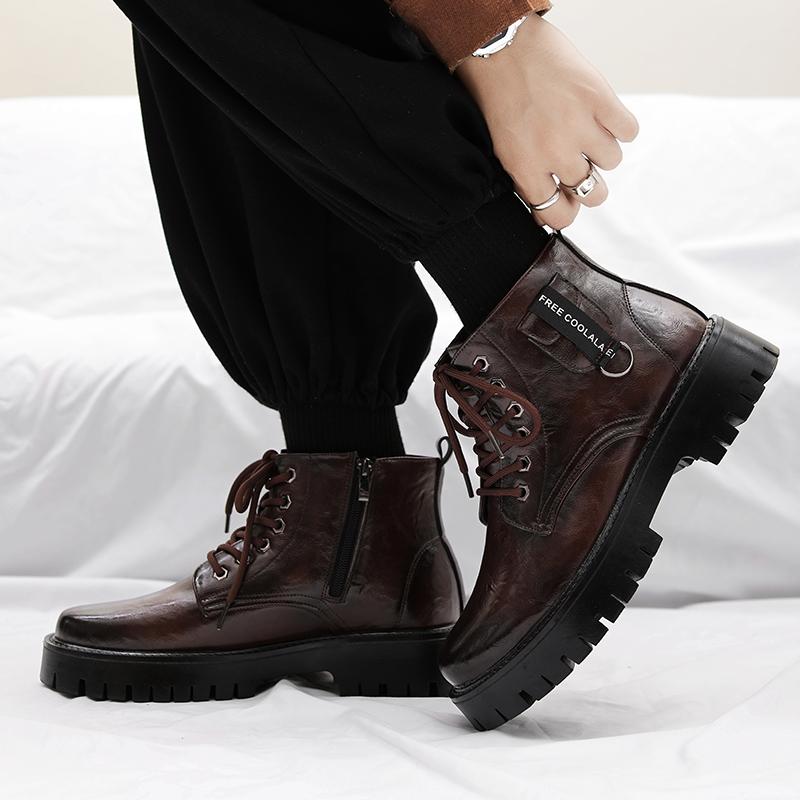 Men's high top leather shoes Trendy British style Party Outdoor Recreation Daily office thick soled men's boots Black shoes