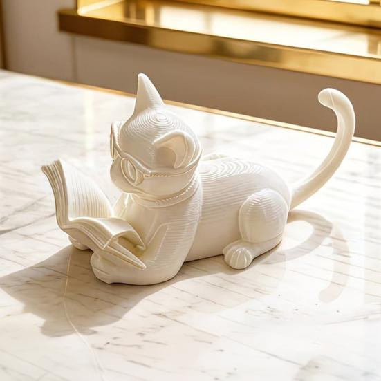 Yousheng Reading Cat Ornament, 3D Printed Desk Decor with Glasses & Book, Multi-Functional Phone Stand Holder Bookend, Eco PLA Home Decor Gift for