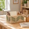 Rectangular Storage Basket with Leather Handles Open-Top Desktop Woven