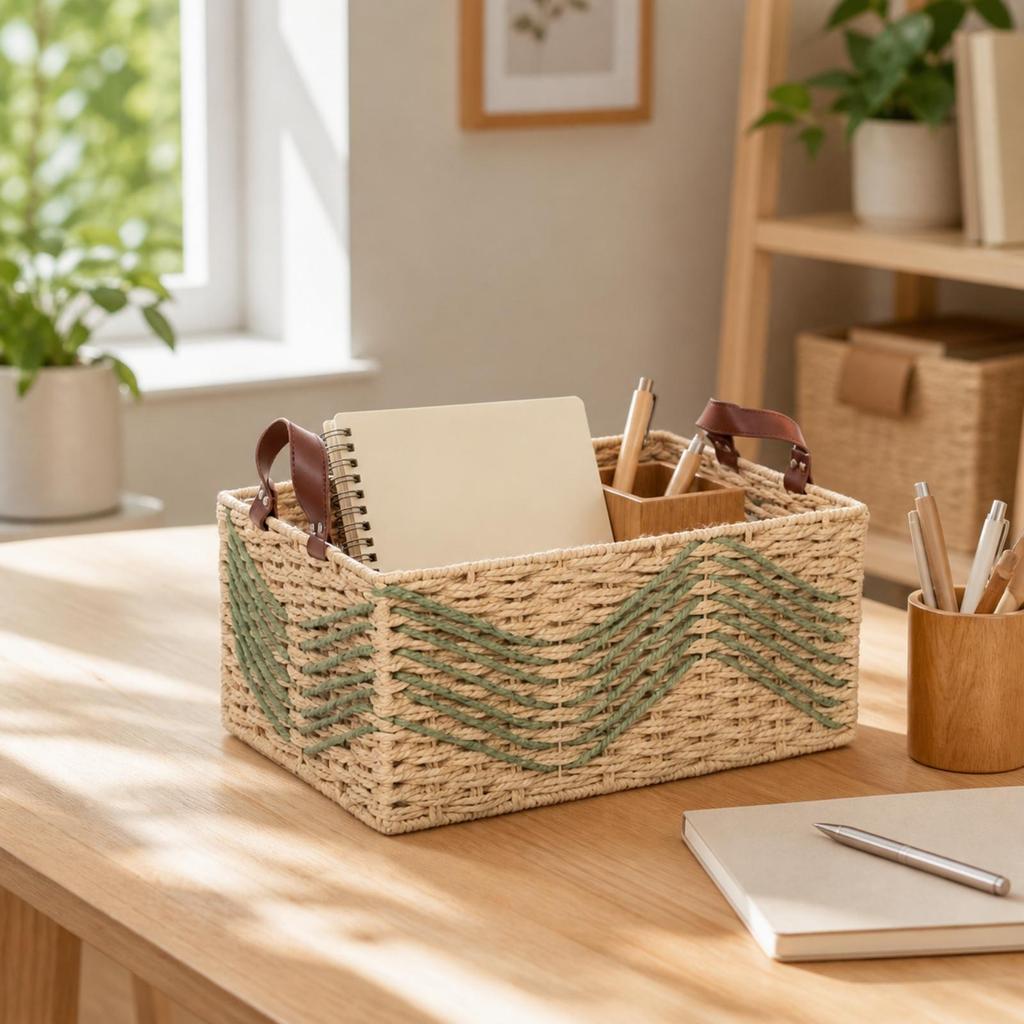 Rectangular Storage Basket with Leather Handles Open-Top Desktop Woven