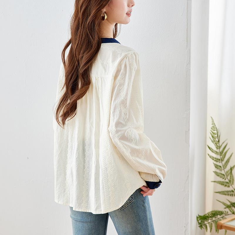 Crew Neck Shirt Women's Long Sleeves Spring and Summer New Apricot Embroidered Top Lotus Leaf Pendulum Women's Shirt