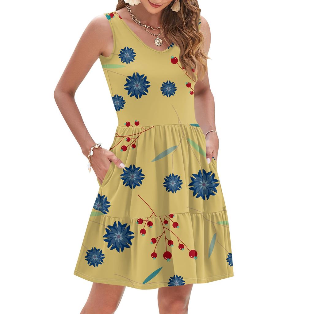 Damen Sommer Mode Lässig V-Ausschnitt Plissee Steppnaht Kleiner Blumendruck Ärmellos Westenkleid Mit Taschen