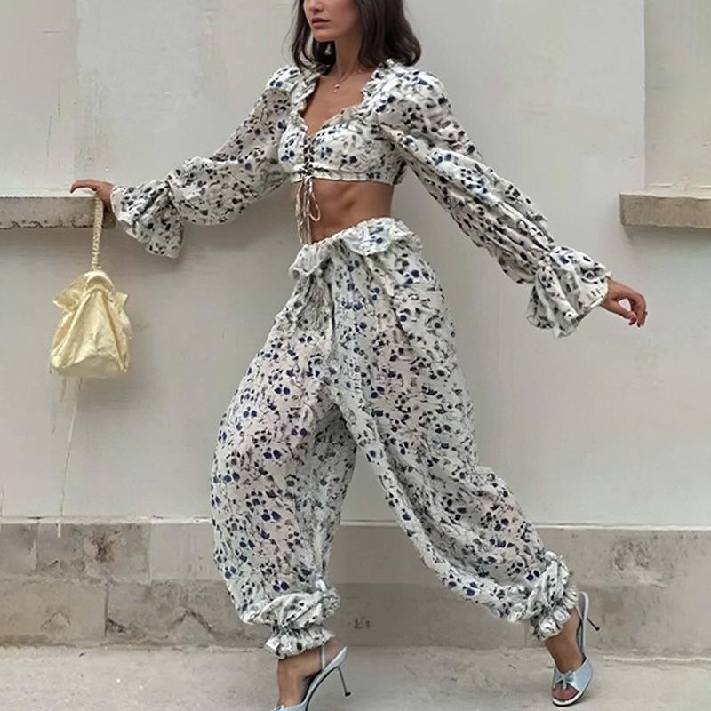 European & American Women's Fashion Long-Sleeve Cropped Top and Trousers Two-Piece Set (2026)