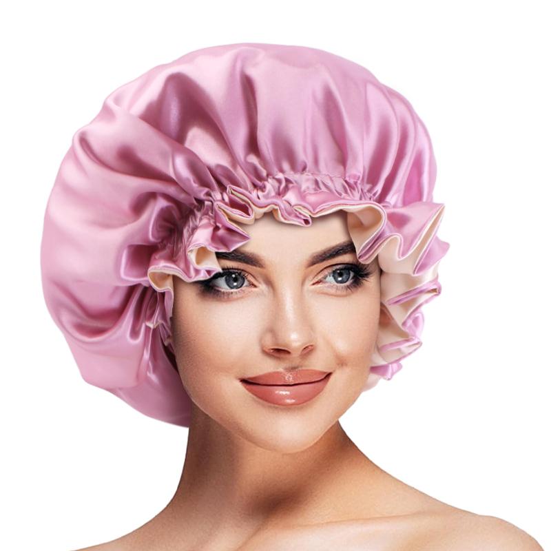 New Solid Color Women s Satin Silky Bonnet Premium Elastic Band Sleeping Cap Large double-layer satin lace nightcap One Size