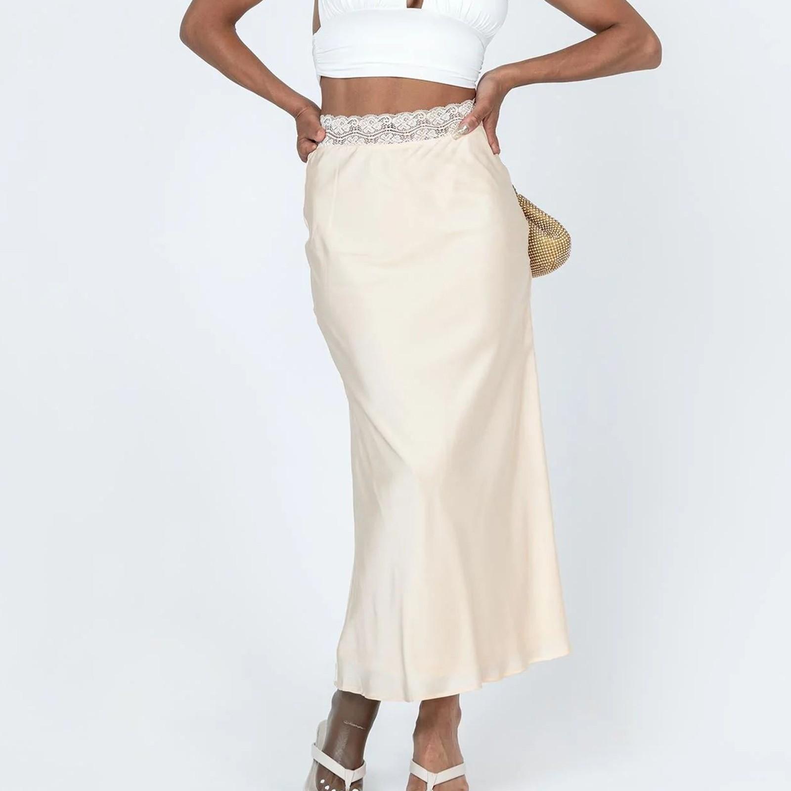 

Женская кружевная атласная юбка с поясом, модная сексуальная эластичная длинная юбка на бедрах M бежевый