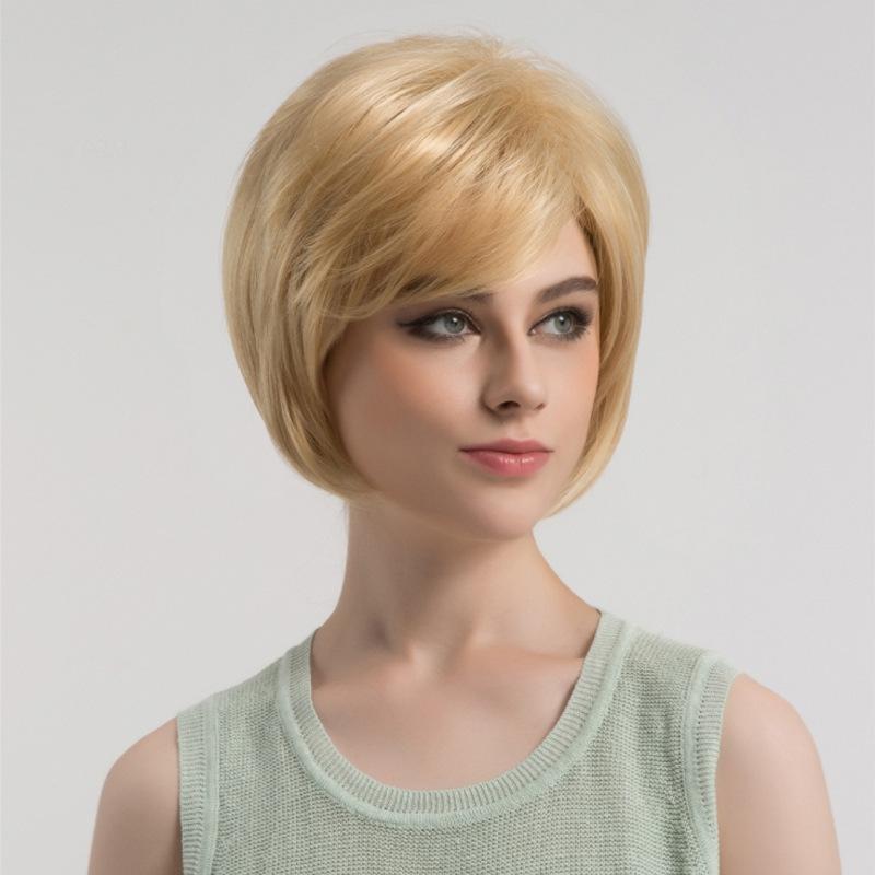 Women's Fashion Short Straight Bob Wig, Blonde Side-Swept Bangs High-Temperature Fiber Synthetic Hairpiece
