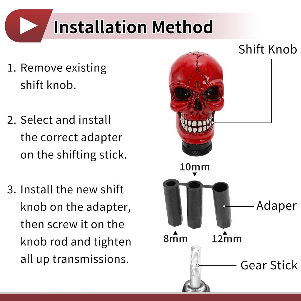 HEROFFIX 8.7cm Skull Shift Knob, Universal Gear Shift Knob, Resin Stick Shifter Lever Knob for Automatic and Manual Cars, with 3 Adapters, Red, 1 Set