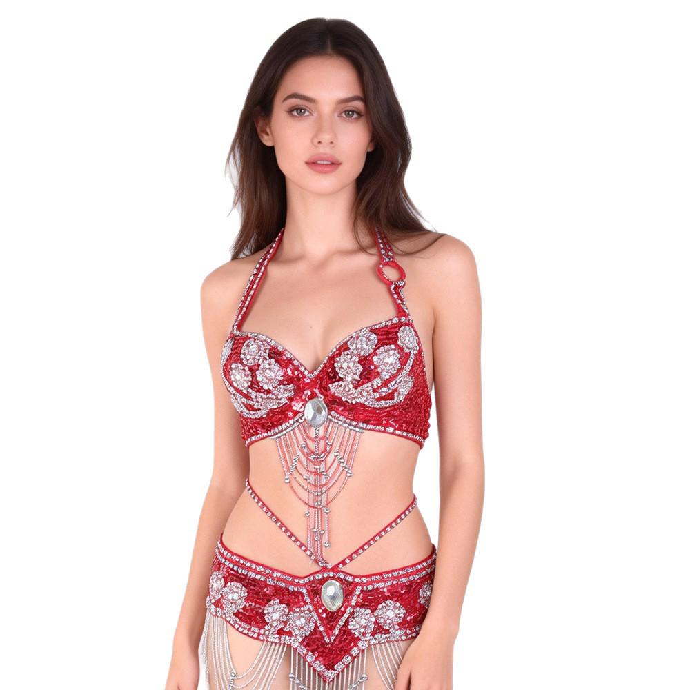 Handmade Beaded Belly Dance Costume Set - Bra & Waistband for Stage or Nightclub