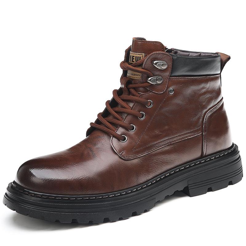 Autumn Winter Cow Leather Boots for Men Anti-slip Thick-soled Fleece Warm Men's Shoes New Designer Platform Fashion Work Boots