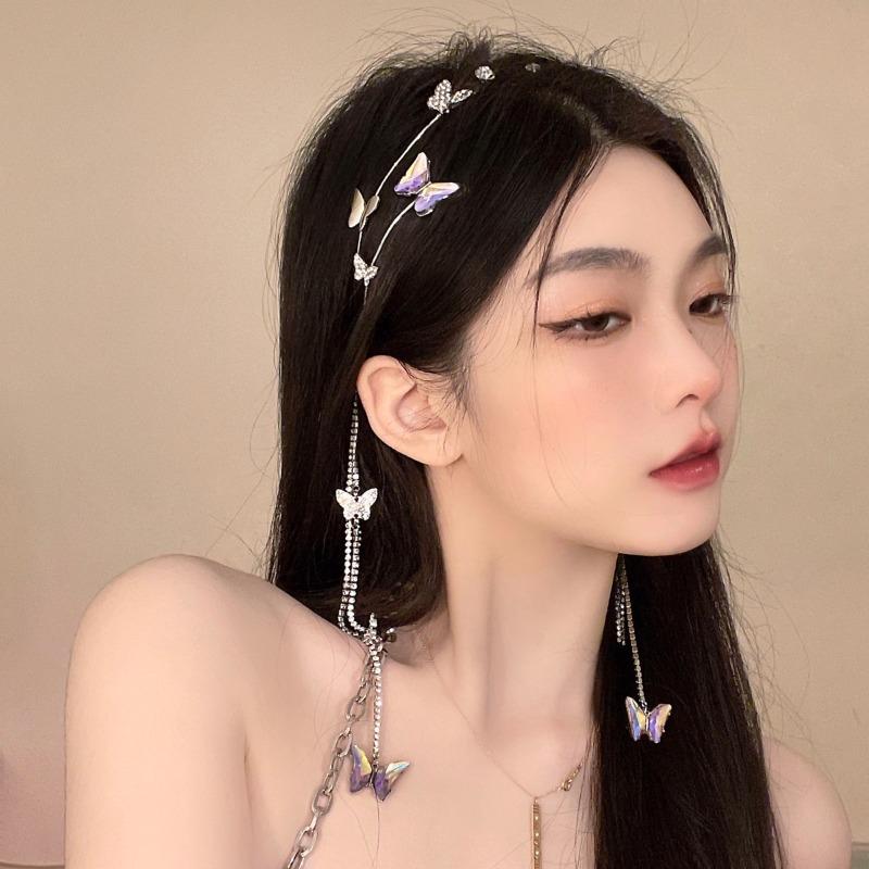 Diamond Encrusted Butterfly Tassel Hair Clasp Sweet Korean Hair Accessories Minority Fashion Bright Diamond Headbands for Girls