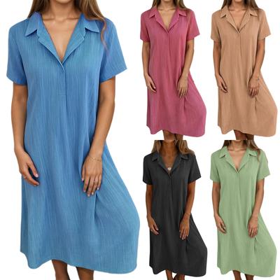 Women's Fashionable Solid Color V Neck Short Sleeved Button Loose Pullover Shirt Dress