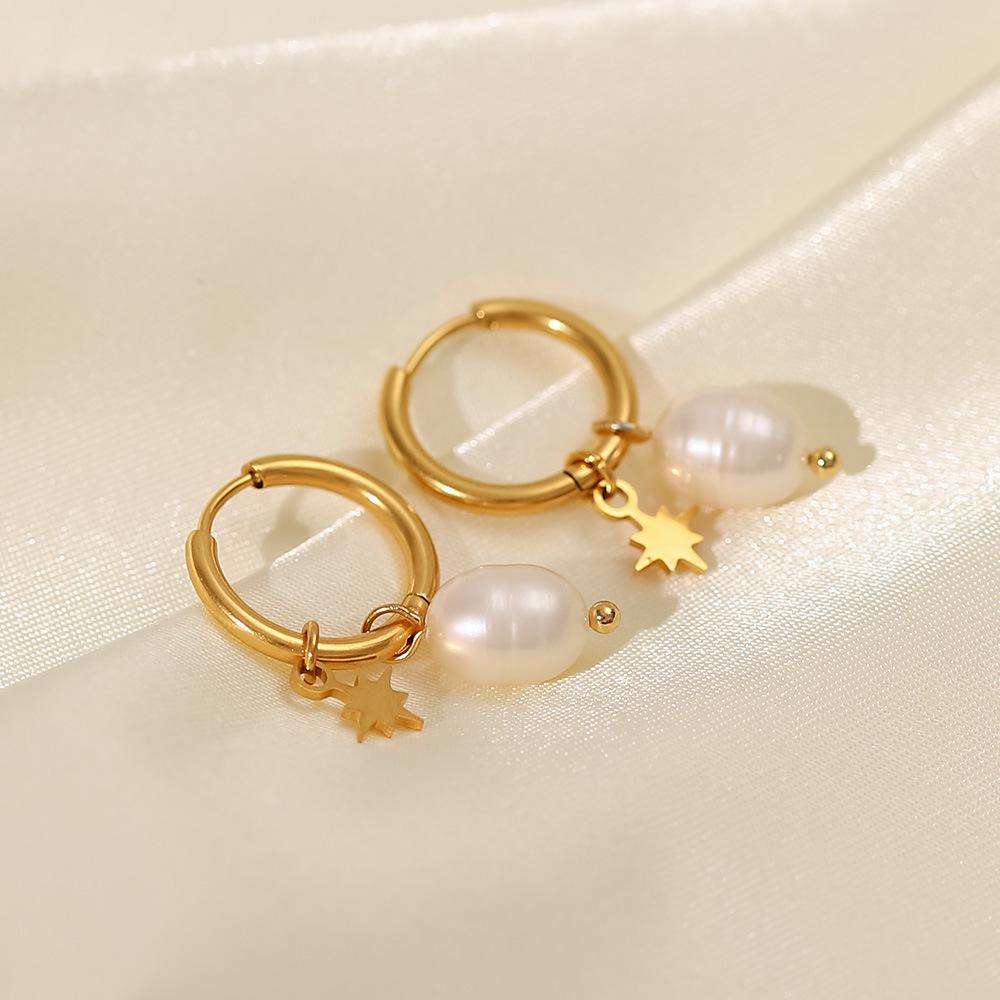 18k Natural Freshwater Pearl Star Pendant Hoop Earrings - Women's Fashion, Versatile, Gold-Plated Stainless Steel.