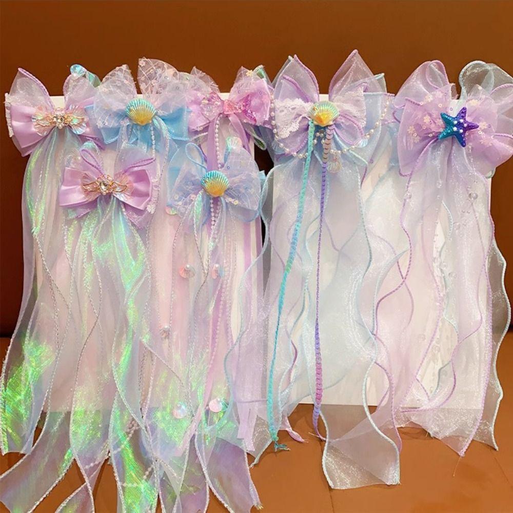 Bowknot Ribbon Hair Clips Mermaid Ponytail Headdress New Princess Headwear Girls