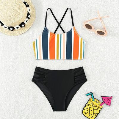Dívčí retro pruhované bikini s vysokým pasem Dvoudílné dětské plavky pro dospívající dívky Plavky Plážové oblečení Biquini 7-15 let
