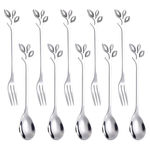 Set of 10 Leaf Spoons/Teaspoons for Coffee and Desserts, Cute and Stylish Leaf Shape, Stainless Steel, Mirror Finish, Gold or Silver