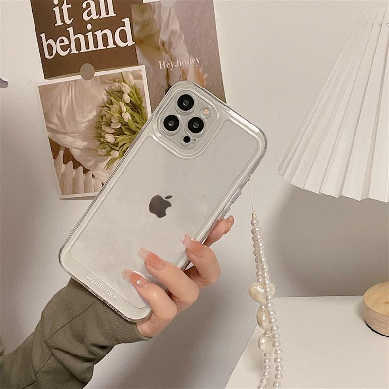 Korean Cute Pearl Love Heart Chain Clear Case For Iphone 14 13 12 11 Pro Xs Max X Xr 7 8 Plus Se 3 Jelly Shockproof Soft Cover