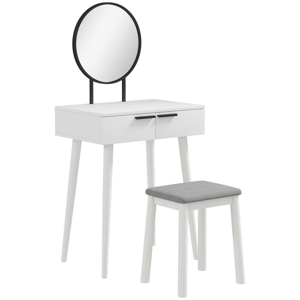 Modern Dressing Table with Round Mirror and Stool, Makeup Vanity Table with 2 Drawers for Bedroom, Living Room, 60 x 40 x 123 cm, White