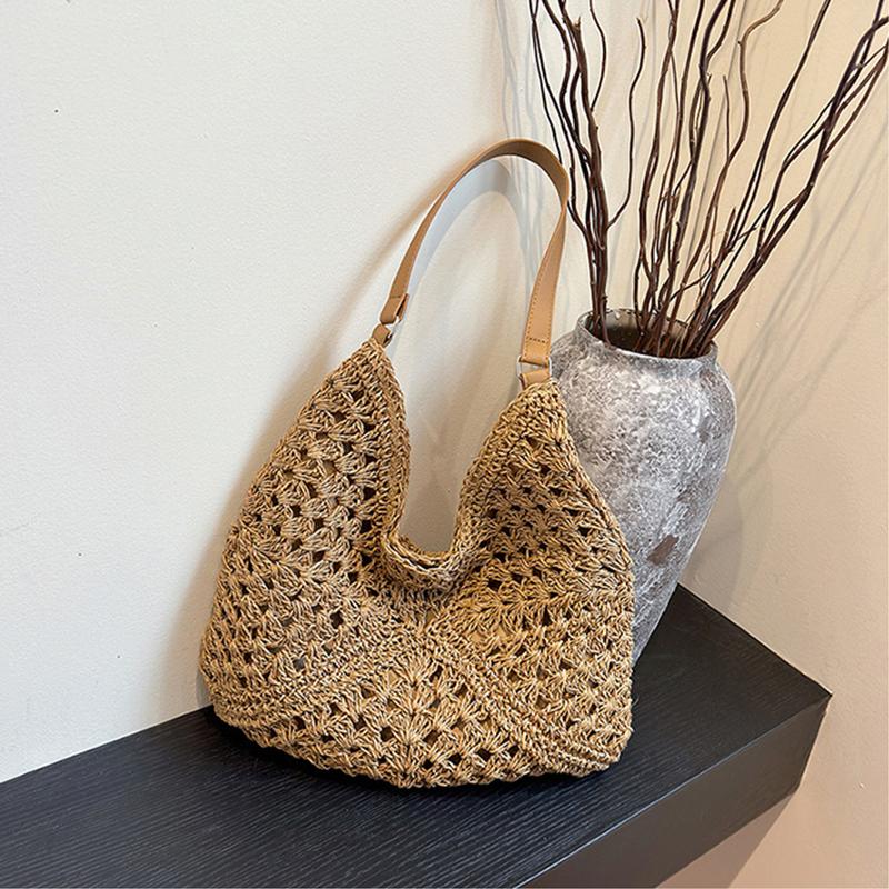 Sommer Stroh Stricktasche Aushöhlen Tragetasche Einfarbig Strand Schultertasche Urlaubsreise Handtasche Boho Schultergeldbörse für Damen