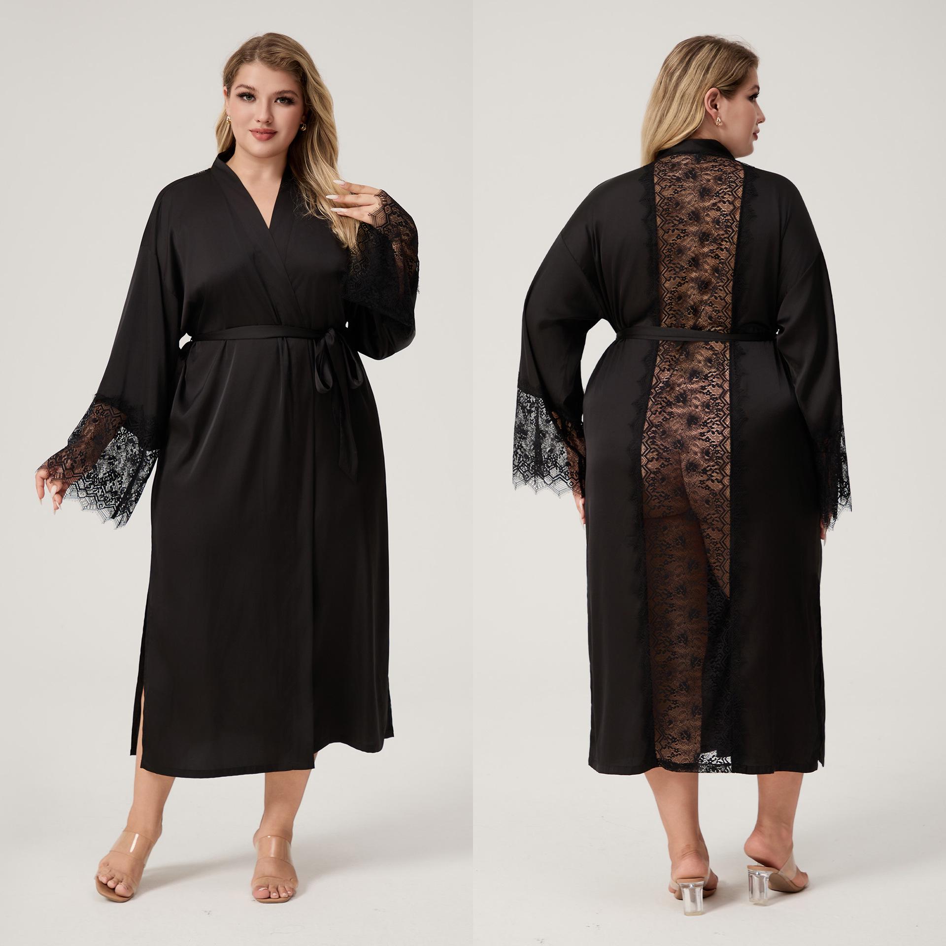 

Женский халат Yaoting с кружевной отделкой, с длинным рукавом, из атласа и шифона, больших размеров - Европейский и американский стиль, CP3824 XL чёрный