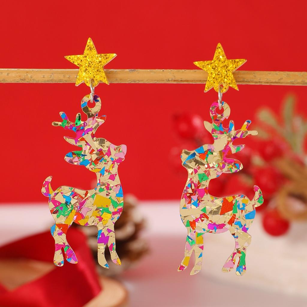 Colorful Confetti Reindeer Drop Earrings for Women Festive Star Stud Earrings for Christmas