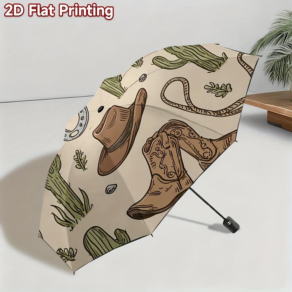 1pc Western Cowboy Hat & Boots Umbrella - Automatic Open/Close, 8-Rib Sturdy Frame, Compact Travel Umbrella with Cactus & Rope