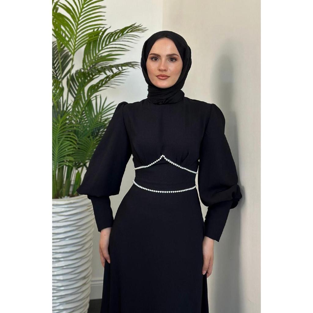 Lucas Pearl Detail Crepe Dress Black