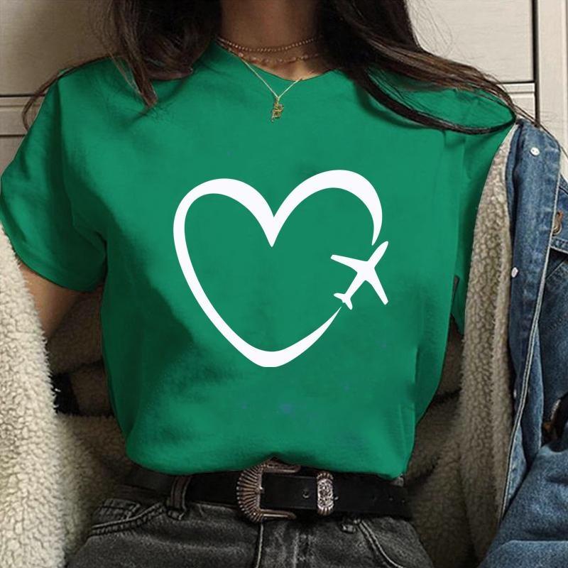 Personalized Creative Airplane Heart Pattern Printed T-Shirt Women's Fashion Shirt Casual Outdoor Women's Round Neck Short Sleev