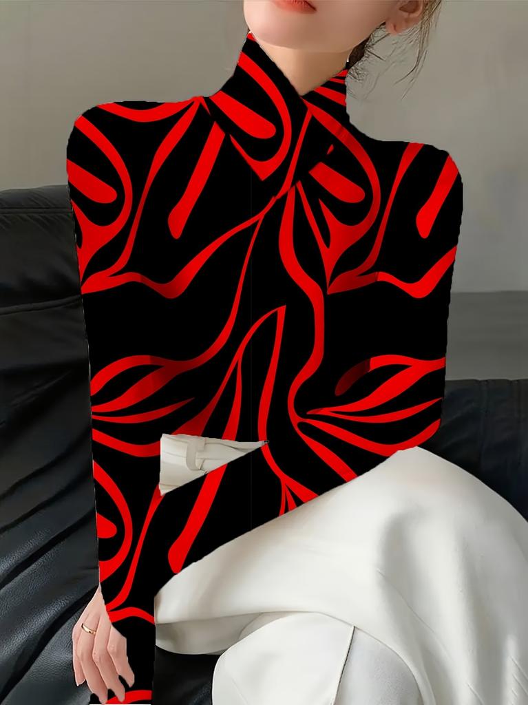 Women's zebra-patterned qipao collar slim-fit long-sleeve T-shirt, elegant long-sleeve base shirt for spring and autumn