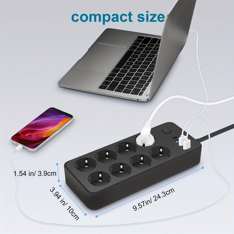 EU Plug AC Outlet Power Strip Multitap Extension Cord Electrical Socket Black Power Board with Surge Protector 2500W