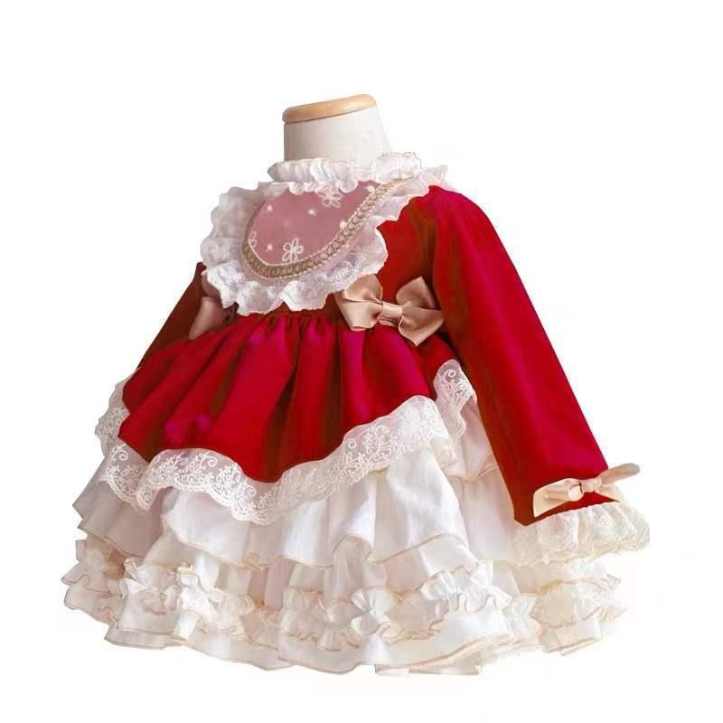 Vestido de Princesa Lolita de Renda de Veludo para Menina Bebê Criança Vintage Elegante Laço Tutu Vestido Natal Bebê