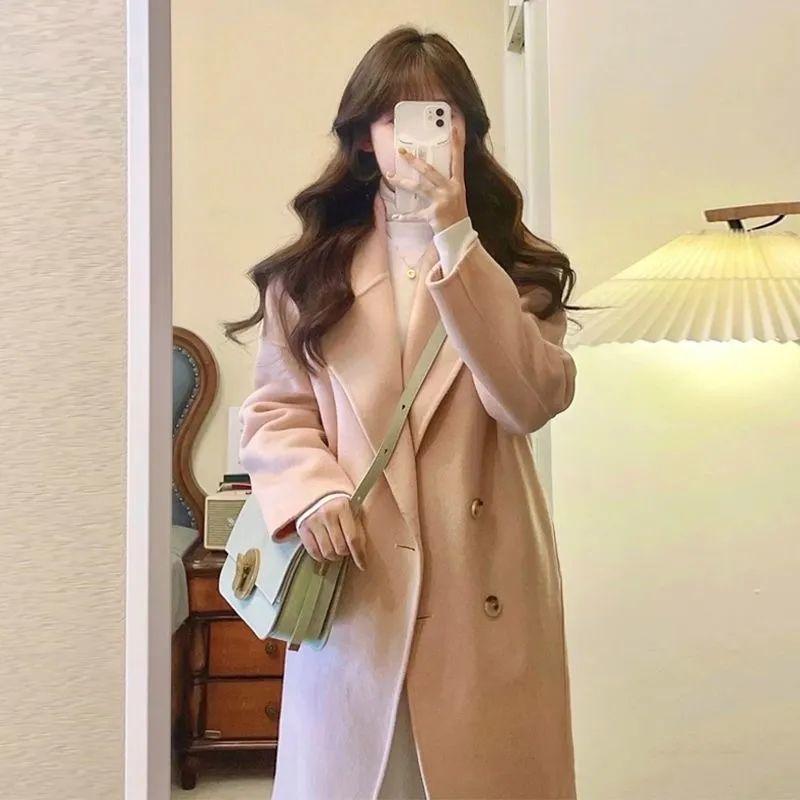 Preppy Style Woolen Coat for Women Autumn Winter Korean Style Buttoned Mid Length Woolen Outer Wear Casual Top