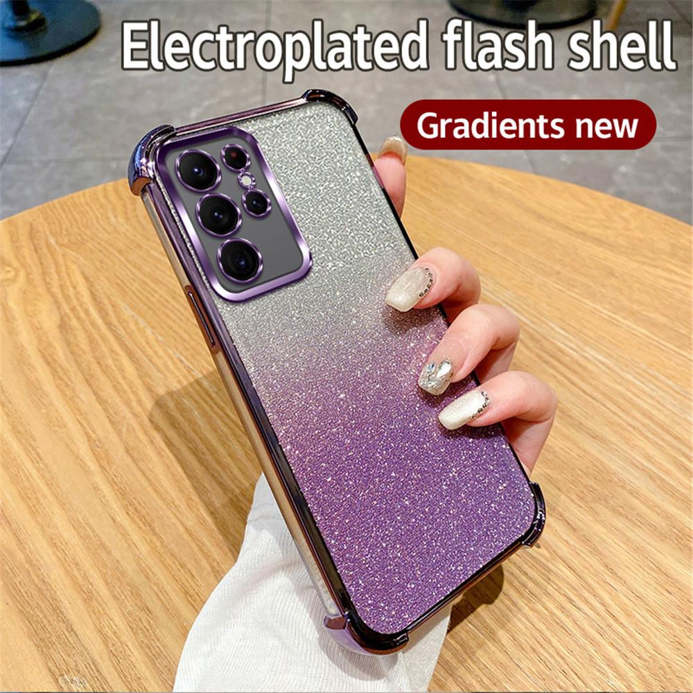 Gradient Glitter Plating Clear Phone Case For Samsung Galaxy S24 S23 S22 Plus Ultra S20FE S21FE Note 20 Ultra Shockproof Cover