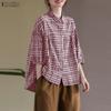 ZANZEA Women Turn Down Collar Loose Casual Half Sleeve Grid Print Blouse
