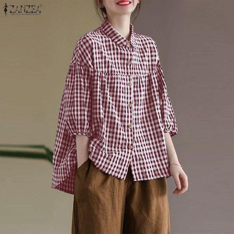 ZANZEA Women Turn Down Collar Loose Casual Half Sleeve Grid Print Blouse
