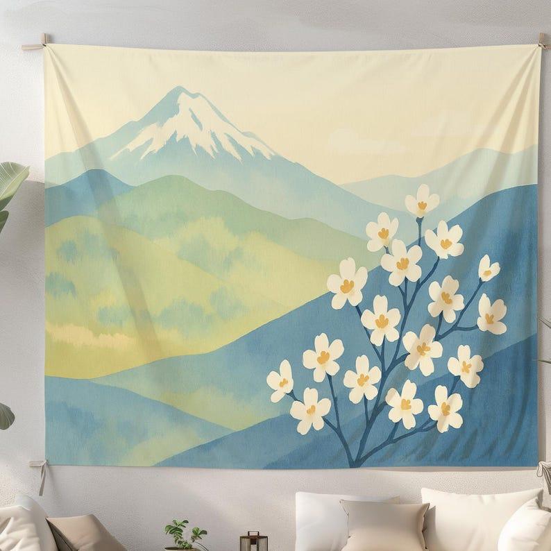 Simple mountain view cherry blossoms tapestry 75x100 чёрный